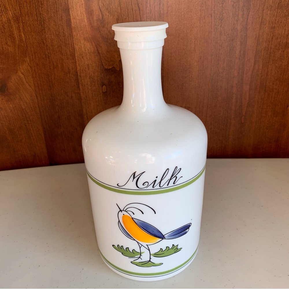 Vintage White Milk Glass Egizia Painted Bird Milk Bottle with Lid Italy